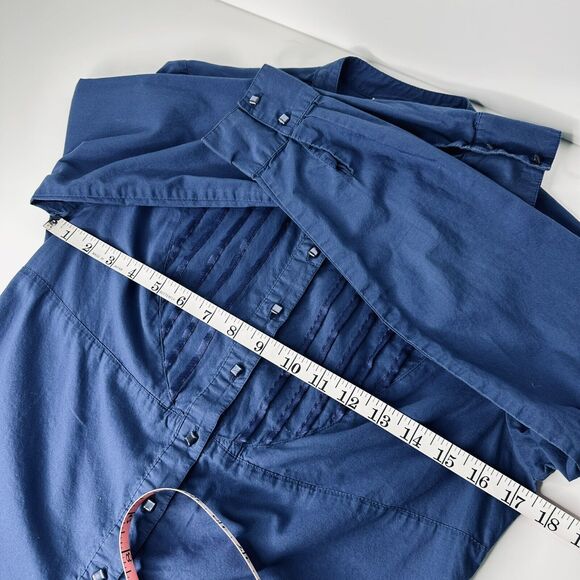 Talbots Blue Pin Tuck Blouse Petite Sz S Button Up Shiny Buttons Mock Neck Women - Picture 7 of 13